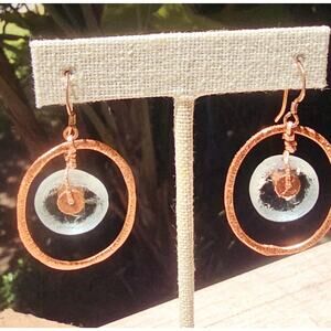 Recycled Grn Vintage Glass Brushed Copper Earrings